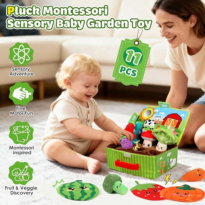 FREYBLI Baby Toys 6-12 Months - Soft Vegetable Garden Plant Plush Toy - 6 Month Old Developmental Toys Gifts, Montessori Sensory Toy for Baby with Rattles, Mirror, Squeaker, Textures, Crinkle Tissues