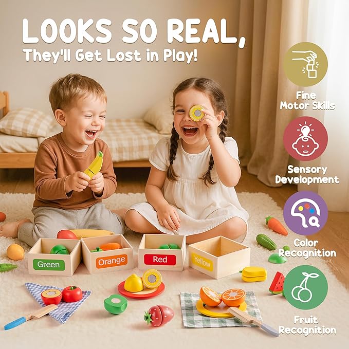 ROBUD Wooden Play Food for Kids Kitchen, Cutting Fruit for Toy Kitchen Accessories, Four-Color Fruit to Match Color, Develop STEM & Make, Montessori Toys for Toddler, WG423