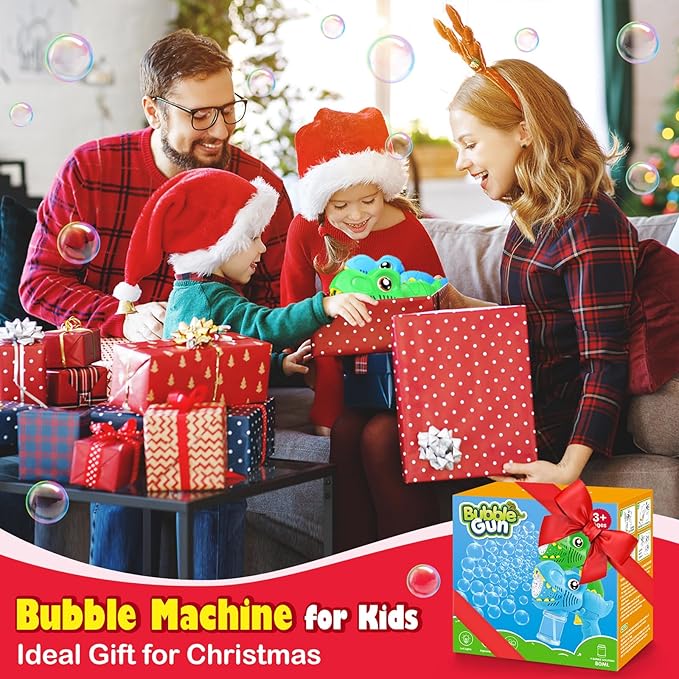 Kids Bubble Gun 2 Pack Dino Bubble Machine Gun for Toddlers with 4 Solutions Automatic 13-Hole Bubbles for Kids Blower Maker Easter Basket Essentials Stocking Stuffers Gift Party Favors for Boys Girls