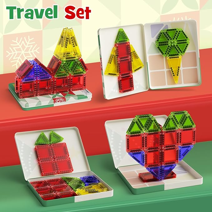 Christmas Magnetic Tiles for Kids, 26 PCs Mini Magnetic Building Blocks with Festive Iron Storage Box, STEM Travel Toys for Toddlers Ages 3-5+, Educational Learning Gift for Boys & Girls
