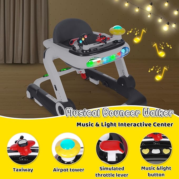 6 in 1 Baby Walker, Baby Activity Center for Toddler, Walker Rocker Bouncer w/Adjustable Height Speed, Learning-Seated & Walk-Behind, Infant Walker w/Feeding Tray & Music Toys, Grey