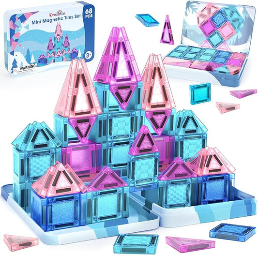 Dreamon Mini Magnetic Tiles, 68PCS Travel Set with Storage Case, Ice Castle Building Blocks STEM Toys for Toddlers Ages 3-5, Educational Games Sensory Exploration Toys for Boys and Girls