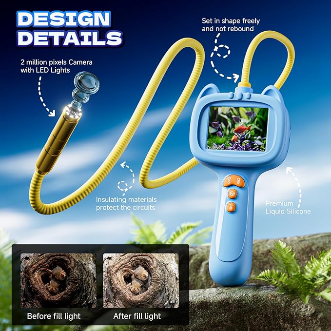 Borescope Snake Camera with Light for Kids，STEM Endoscope Educational Toy Kit，Outdoor Camping Nature Science Exploration Hoilday Birthday Gift for Boys & Girls Ages 3+ Years Old (Blue)