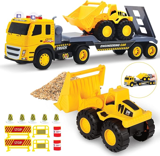 MOBIUS Toys Flatbed & Excavator Truck Set – 2-in-1 Friction-Powered Construction Vehicles with Lights & Sounds – Durable Push-and-Go Toy Trucks for Kids Ages 3–7 – Indoor & Outdoor Playset