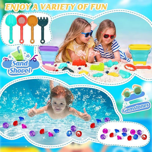 Beach Sand Toys for Kids,Sand toys with 2 Collapsible Beach Bucket,2 Beach Sifter Shovel,Sand Shovel Set,Sand Castle Kit,Sea Animal Molds,Diving Gem Pool Toy,Mesh Bag Travel Toys for Toddler 3-10