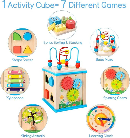 Wooden 7-in-1 Activity Cube, Montessori Toys for 1 Year Old Toddlers, Baby Educational Developmental Toys, One Year Old Boys Girls First Birthday Gifts with Bonus Sorting & Stacking Board