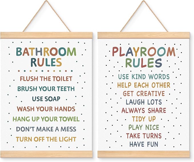 EliteSign Educational Preschool Learning Posters, Play Room Poster for Toddlers, Bathroom Rules Banner Wall Hanging Decor for Classroom Nursery Kids Room, 12x17 Inch Set of 2