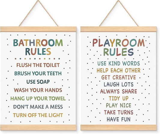 EliteSign Educational Preschool Learning Posters, Play Room Poster for Toddlers, Bathroom Rules Banner Wall Hanging Decor for Classroom Nursery Kids Room, 12x17 Inch Set of 2