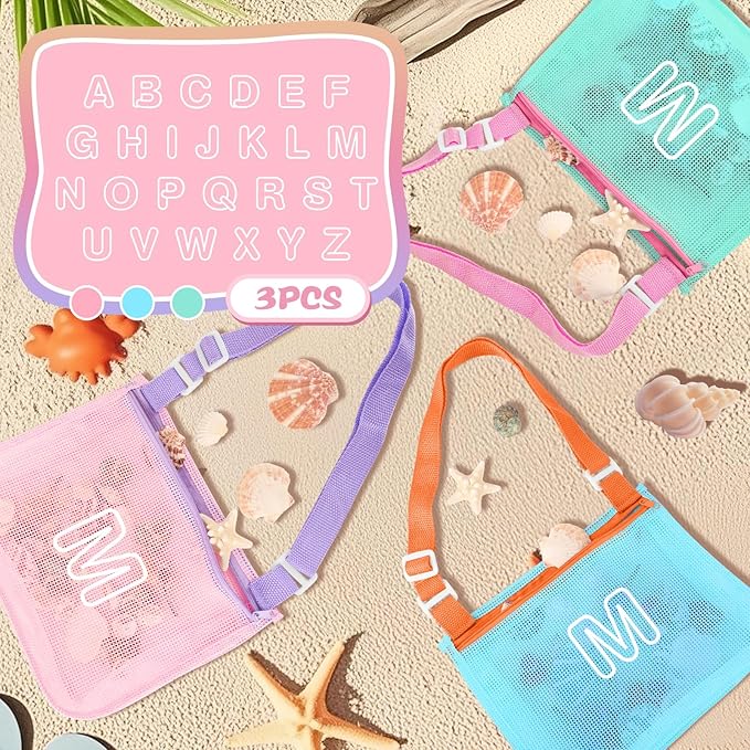 3Pcs Personalized Kids Beach Shell Bag, Initial Seashell Mesh Zipper Beach Pouch, Shell Collecting Bag for Holding Shells with Adjustable Straps, Sand Toys Swim Pouch Gift for Girl Boy Teens(Letter M)