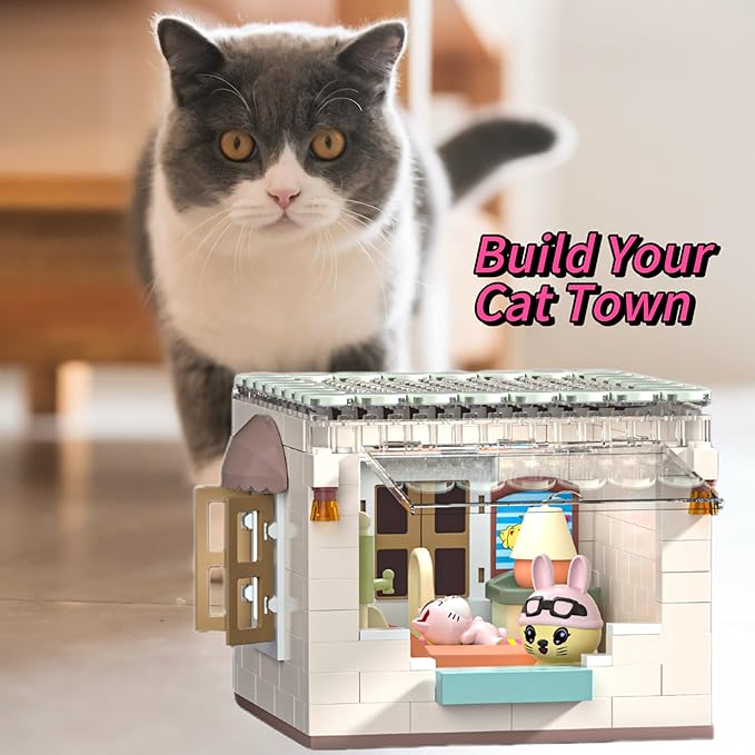 Koko's Cat Town DIY Miniature House Kit,Tiny House Bedroom Building Kit,Purrfect Dollhouse with 251PCS,Cat Toys Gift for Teens Kids Ages 3+,Dollhouse for 3 and up