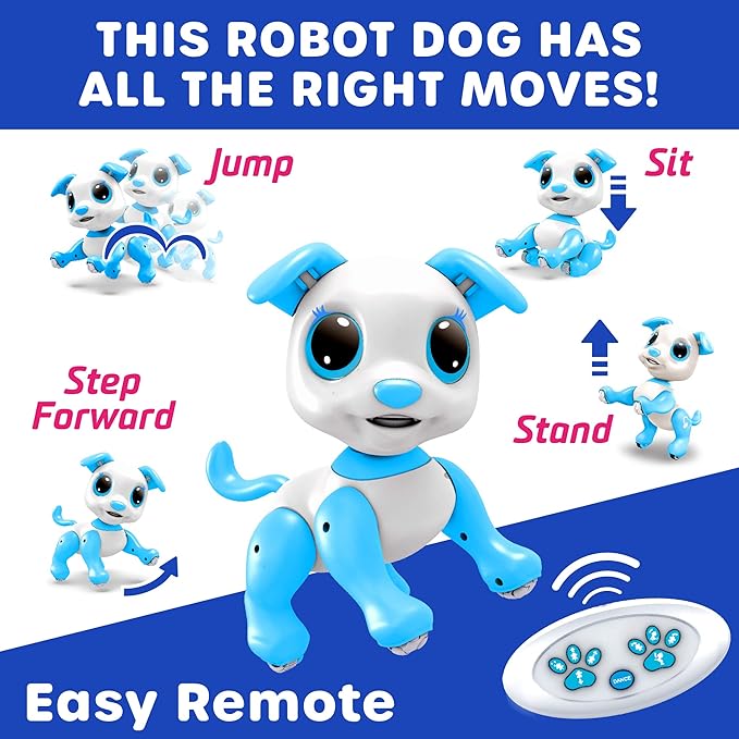 Robo Pets Robot Dog Toy for Girls and Boys - Remote Control Robot Toy Puppy with LEDs, Sound FX, Interactive Hand Motion Gestures, STEM Program Treats, Dancing and Walking RC Pet for Kids (Blue)