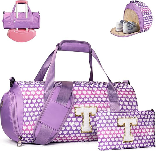 Teen Girl Trendy Stuff, Girls Travel Duffel Bag, Kids Initial Overnight Bags with Shoe Compartment, Personalized Gym Ballet Dance Bag with Makeup Pouch, Gift for 3 Year Old Kid (Letter T)