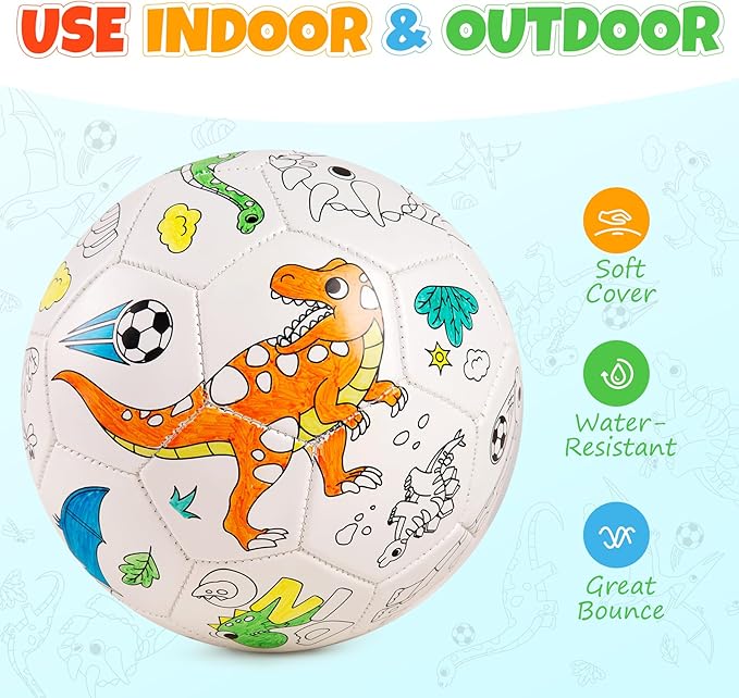 EVERICH Paint Your Own Soccer Ball with Markers, Toddler Arts and Crafts Kits Soccer Gifts for Girls Boys, Size 3 Dinosaur Toys Coloring Custom Soccer Ball Game Birthday Gifts for Kids 3 4 5 6-8 8-12