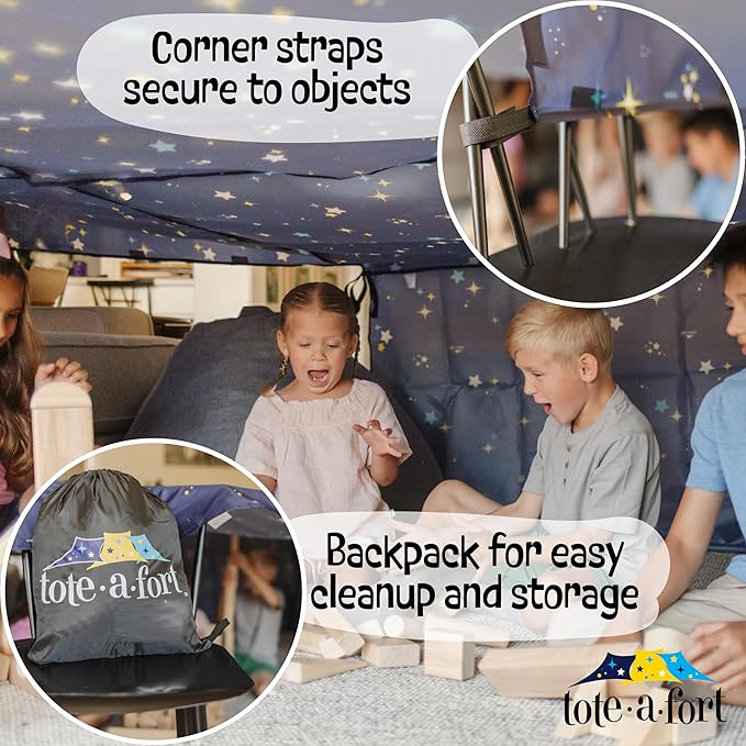 Tote a Fort Starry Blanket Fort Building Kit for Kids, 3 Blanket TOTEAFORT Toy, Make a Portable Playhouse, Play Tent Boy and Girl Indoor Outdoor Build Set, STEM Children Toy, Ages 4, 8, 12 +