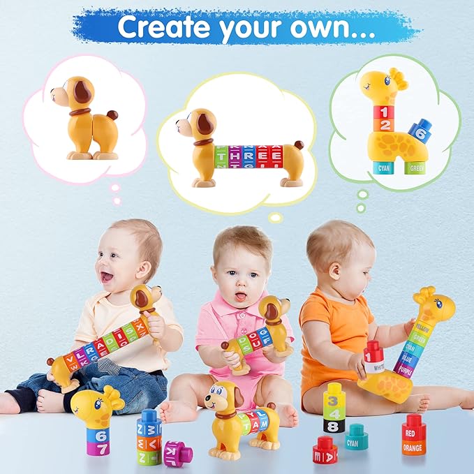iPlay, iLearn Baby Stacking Toys, Toddler Montessori Building Blocks Set, Infant Alphabet Number Learning Block, Early Development Educational Birthday Gift for 12 18 Month 1 2 3 Year old Kid Boy Girl