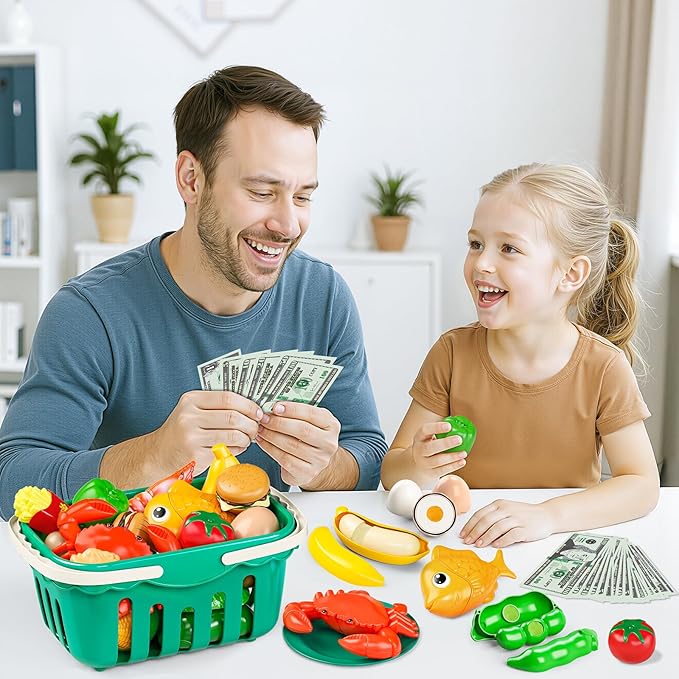 Toy Play Food, Play Kitchen Accessories, Kitchen Playset, Pretend Cooking Play Pots, Pans, Utensils Cookware, Cutting Fun Fruits Veggies, Shopping Storage Basket, Prop Money, Gifts for Kids, 168 Pcs