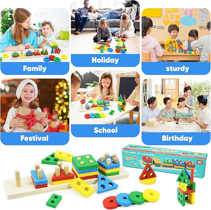 Shape Puzzles Wooden Color Sorting Toys for Toddlers 1 2 3 4 Year Old Matching Shape Sorters Toy Wooden Blocks Learning Educational Toys for Boys Girls Classroom Birthday Easter Gifts