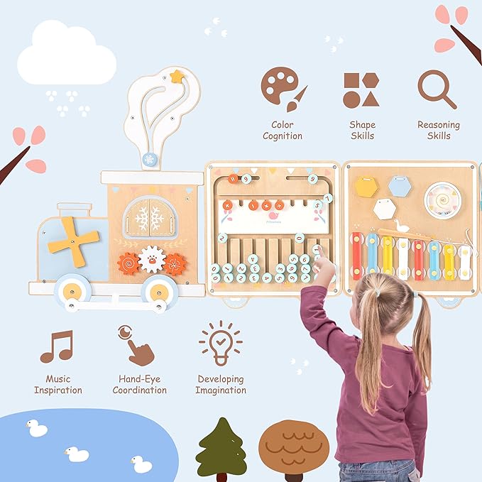 Train Activity Wall Busy Board, Wooden Montessori Sensory Toys, 12-in-1 Learning Activity Center for Playroom,Daycare, Nursery, Classroom, Educational Toys for Toddler