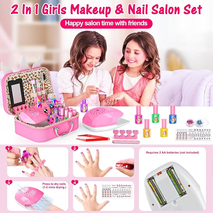 Kids Makeup Kit for Girl - 2 in 1 Kids Washable Makeup Toys & Nail Art Kit with Nail Dryer and Storage Case, Real Girl Makeup Set Birthday Gifts Toys for 3 -12 Year Old Girls, Pink