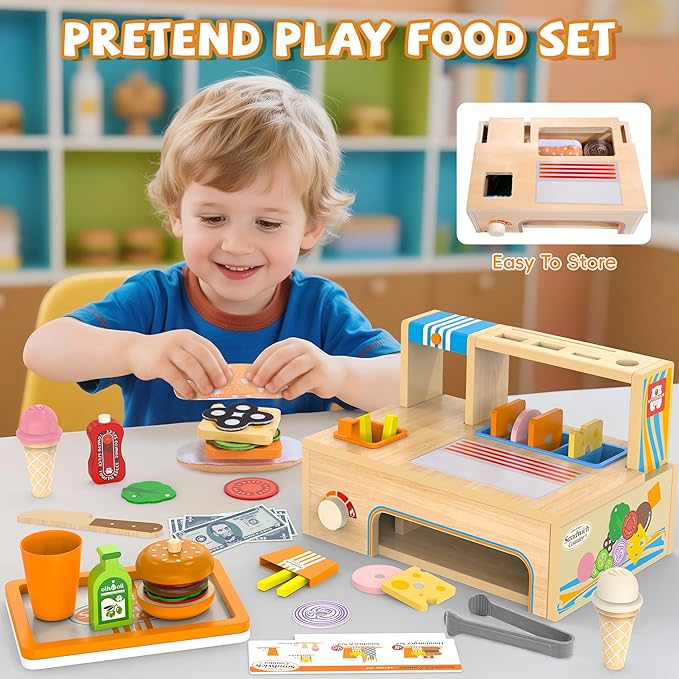 Wooden Play Food Sets Sandwich Counter with Storage, 56 Pcs Foldable Pretend Play Kitchen Food Toy, Burger, Ice Cream, Fries, Play Money, Kids Play Store Boy Girl Birthday Gift for Toddlers Ages 3+
