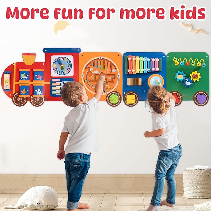 Train Activity Wall Busy Board Panels | 11-in-1 Wooden Sensory Wall Panel for Kids, Toddler Montessori Learning Activity Center, Perfect for Toddler Playroom Nursery Classroom Dentist Waiting Room