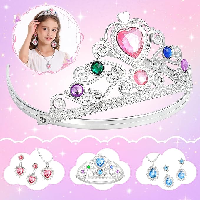 Princess Dress Up Shoes Set Girls Role Play Shoes Toddler Pretend Jewelry Toys Set Gift Set 2 Pairs of Shoes Kit Collection of Tiara Crown Earrings Necklace Rings for Girls Aged 3-6 Years Old