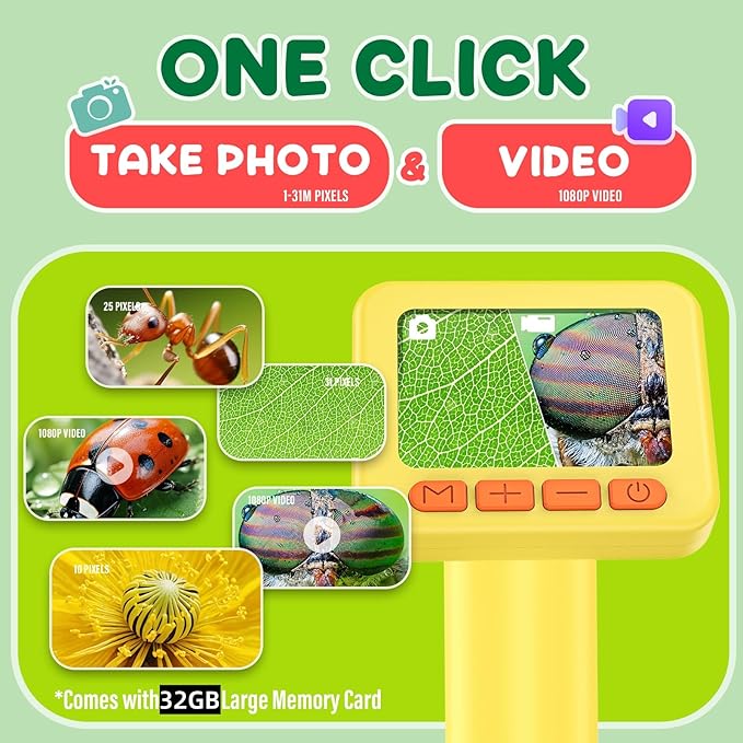 IMICHI Microscope for Kids 50X-1000X 2 inch IPS HD Screen, 32GB Storage Card, 1080P Video, 2-Hour Battery Life, Easy Carry, Slides Included - Perfect Science Kit Gift for Kids Ages 8-12 Yellow