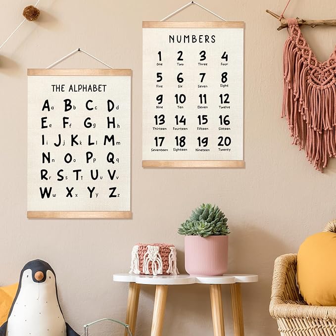 HEYJEEPER Kids Alphabet and Numbers Learning Posters Set of 2,18.5x14 Inch Linen&Canvas Educational Wall Art with Wood Hanger, ABC 123 Chart for Toddlers Classroom Nursery Playroom Decor(Black Font)