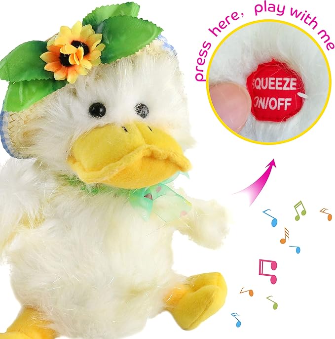 Houwsbaby 12" Electronic Duck Music Dancing Stuffed Animal Singing You are My Sunshine Waving Interactive Duck Plush Toy with Straw Hat for Boys Girls Kids Easter Birthday