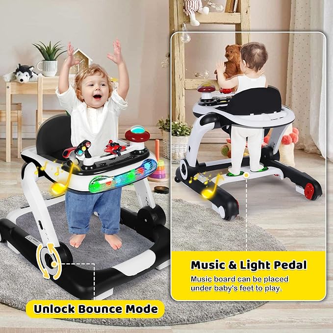 6 in 1 Baby Walker, Baby Activity Center for Toddler, Walker Rocker Bouncer w/Adjustable Height Speed, Learning-Seated & Walk-Behind, Infant Walker w/Feeding Tray & Music Toys, Black
