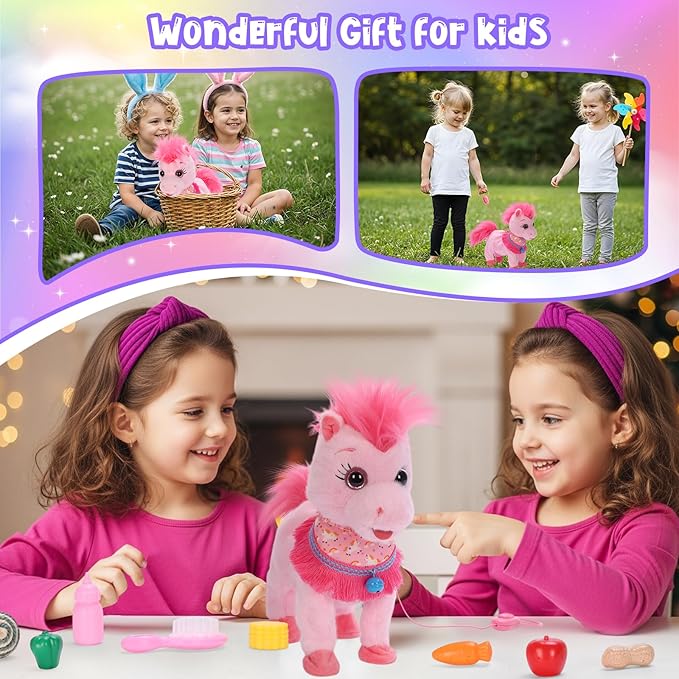 Pink Walking Pony Set Interactive Talking Singing Dancing Horse Walk Along with Remote Control Leash Plush Pony Pet Toy for Kid, Nod Lick Wag Repeat What You Say, 3+ Girl Boy