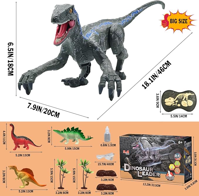 Remote Control Dinosaur Toys for Boys Kids Girls 3 4 5 6 7 8 Electronic RC Robot Toy Walking Roaring Velociraptor Realistic 18.1" Jurassic Dino Rechargeable Raptor Blue Birthday Gift
