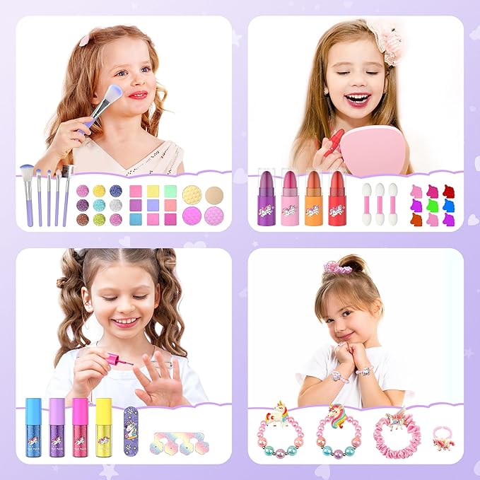 PERRYHOME Kids Makeup Set for Girls, 63 Pcs Washable Non-Toxic Real Cosmetic Toddler Makeup Kit, Unicorn Princess Play Makeup Toys Birthday Gifts, Dress up Time Girl Toys for 3 4 5 6 7 8 9 10 11 12