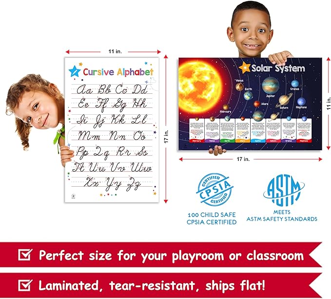 26 Set of 50 Educational Posters for Kids - Multiplication Chart, Alphabet, Periodic Table, Solar, USA, World, Map, Sight Words, Homeschool Supplies, Classroom Decorations - Laminated & Flat, 17x11
