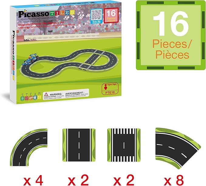 PicassoTiles Magnetic Building Tiles Car Track Magnet Vehicle Adventure Theme Printed Street Road Runway Speedway Highway Block Construction Expansion Add-on Education Learning Toys for Kids 3+ PTE16
