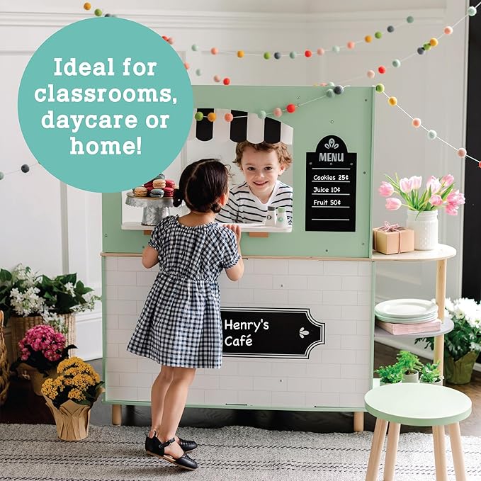 MindWare Play Kitchen Café – Unique 2-in-1 Playset Features Kitchen on One Side and Café on The Other – Pretend Play for Kids Ages 3 & Up – Includes Basic Kitchen Tools