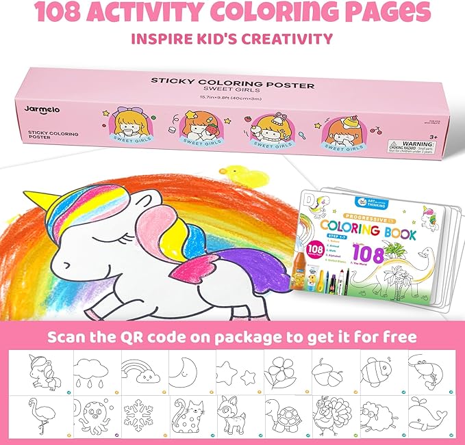 Jar Melo Princess Coloring Roll for Kids -Sticky No Mess Coloring Poster for Toddlers, 118×15.74 Inches Large Coloring Tablecloth, Drawing Paper for Kids' Easel Ideal Gifts for Home Birthday Party