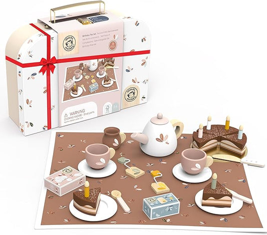 SPEEDY MONKEY Birthday Tea Set for Kids – FSC Wooden Pretend Play Tea Party & Food Set with Teapot, Cups, Cake & Tea Bag – Toddler Girls Imaginative Role Play Kitchen Toy – Colorful Gift for Dollhouse