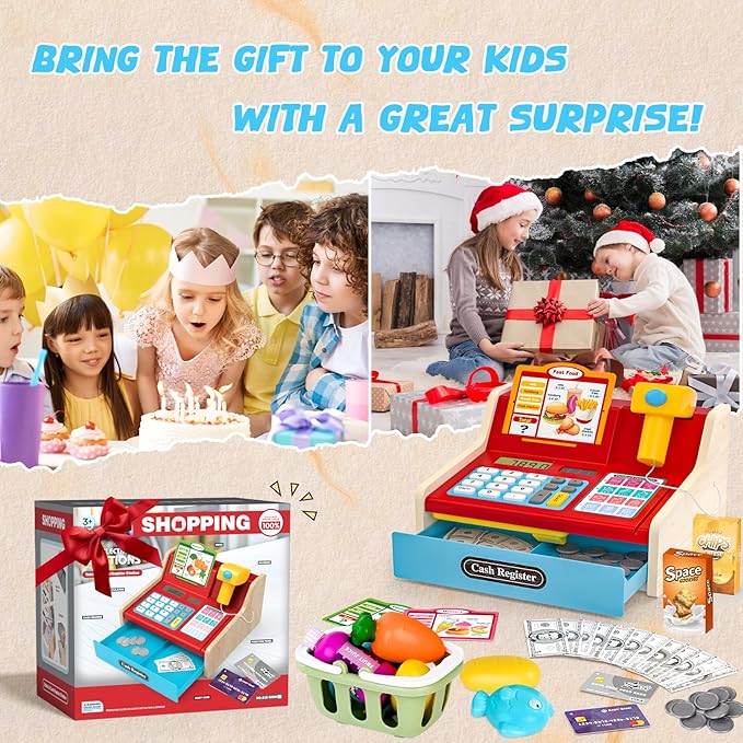 2025 Wooden Toy Cash Register for Kids,Rechargeable Counting Wood Cash Register Toys, Kids Cash Register with Scanner Realistic for Boy Girl Age 2-4 4-8, Pretend Toy Role-Playing Birthday Ideals Gift