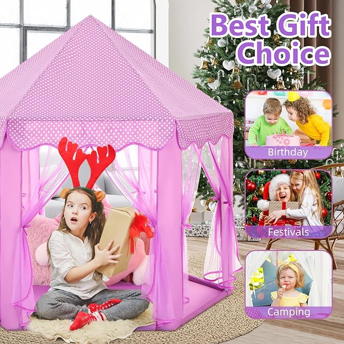 Monobeach Princess Tent Girls Large Playhouse Kids Castle Play Tent with Star Lights Gift Toy for Children Indoor and Outdoor Games, 55'' x 53'' (DxH) (Purple)