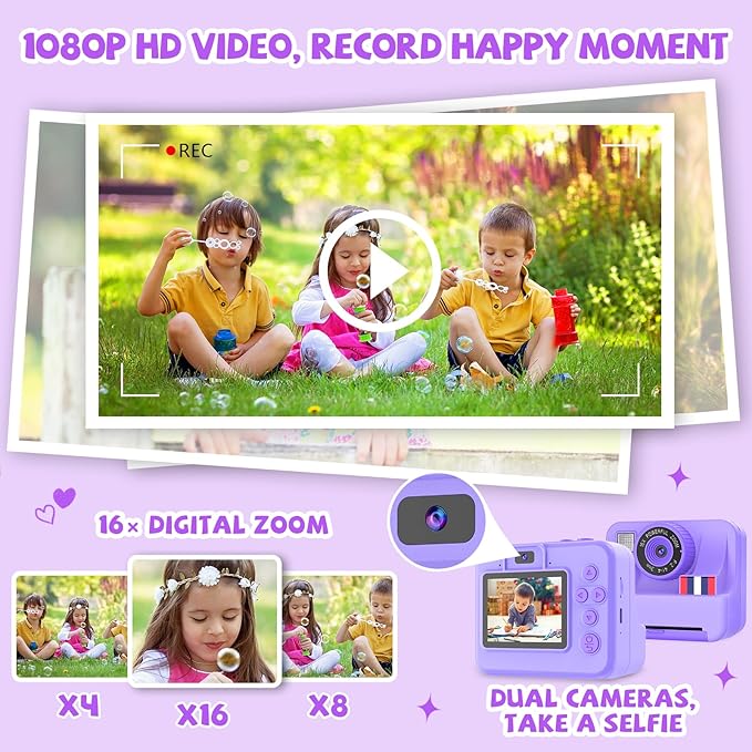Instant Print Camera for Kids - Christmas Birthday Girls Gifts for Age 3 4 5 6 7 8 9 10 Year Old, 2.4 Inch Screen Kids Instant Camera, Toddler Camera Toys for Age 3-12 with 32 GB SD Card