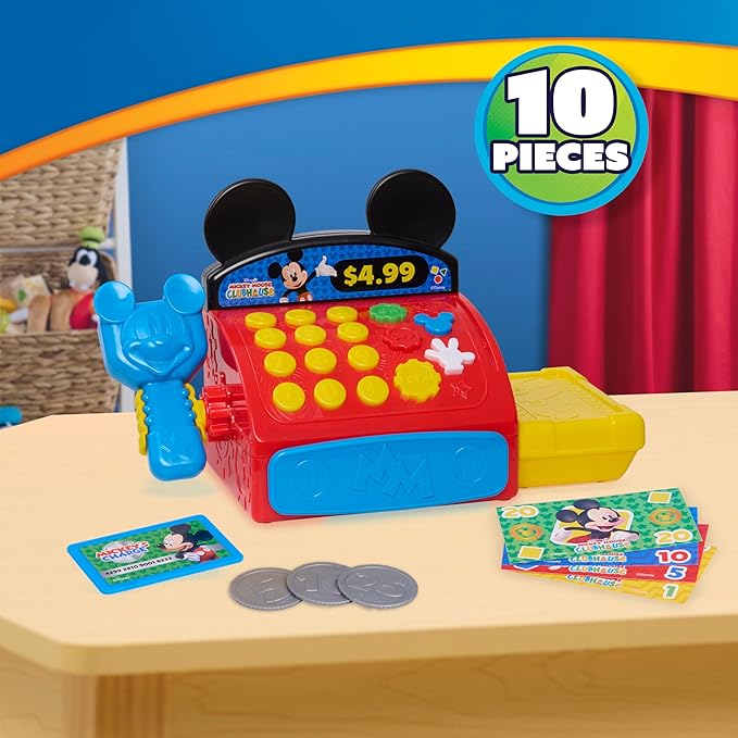 Disney Jr. Mickey Mouse Clubhouse Cash Register with Sounds, Phrases, and Pretend Play Money, 10-Pieces, Holiday Stocking Stuffers, Gifts, Presents, Ages 3 and Up by Just Play