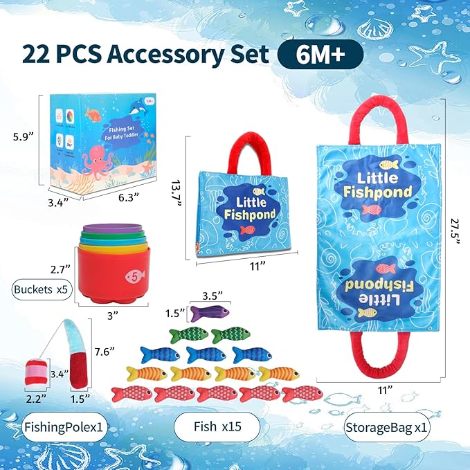 TenFans Montessori Cloth Fishing Game for Toddlers 1-3 Year Old - First Birthday Gift Set with Stacking Cups & Color Sorting - Travel Sensory Toy