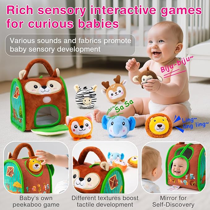 6-12 Months Baby Montessori Toys Sensory Educational Jungle Friends Toy for 1 Year Old with Stuffed Animals Infant Rattle Crinkle Paper Barn Gifts for Newborn Toddlers Christmas Stocking Stuffers