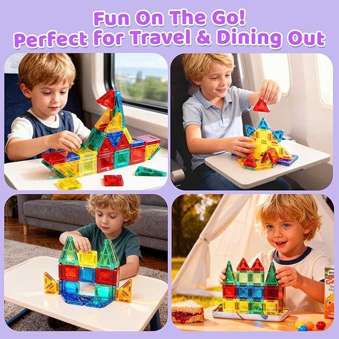 Mini Magnetic Tiles Travel Toddler Toys, Portable Travel Magnetic Tiles Kids Toys for 3 4 5 6 7 8+ Years Old Boys Girls, STEM Learning Magnet Blocks Birthday Chirstmas Gifts