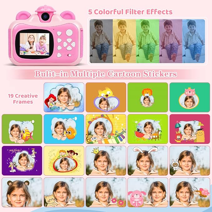 Instant Print Digital Camera for Kids, Toddler Camera, 20MP Selfie Video, Children's Toy, Christmas & Birthday Gift for 6-12 Year Old Girls & Boys, Pink