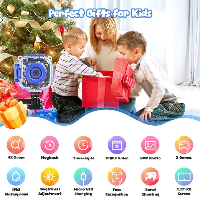 PROGRACE Kids Waterproof Camera - Birthday for 3-12 Year Old Boys 1080P HD Underwater Video Camera for Kids Pool Toys Toddler Digital Cameras with 32GB SD Card Blue