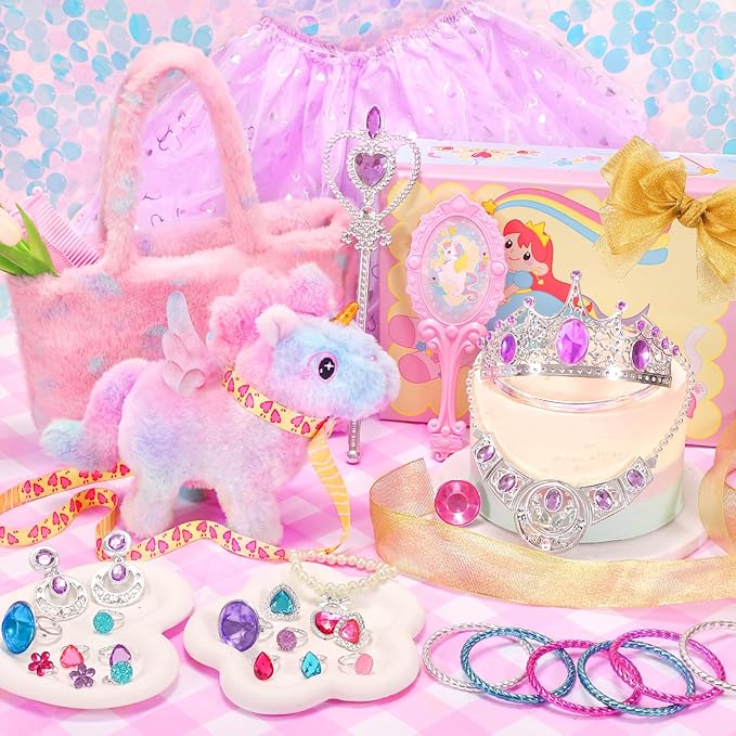 Tagitary Plush Unicorn Toys with Glowing Horns, Walking Pony Realistic Interactive Stuffed Unicorn with Kids Dress Up & Pretend Jewelry Toys,Christmas Birthday Gift Party Favors for Kids Toddlers