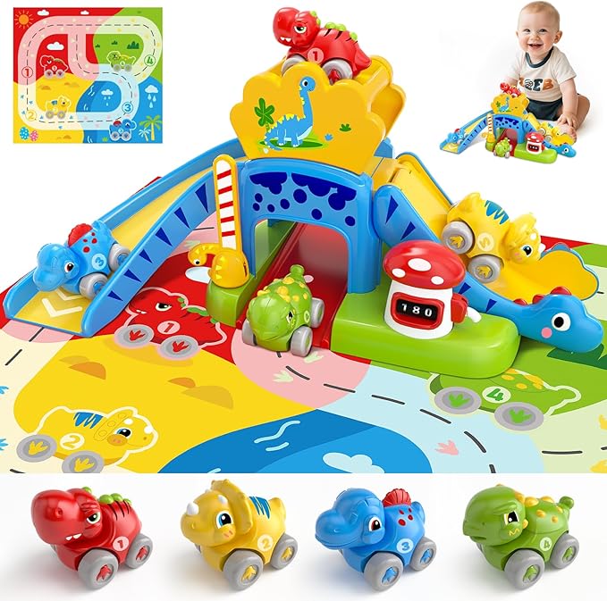 Toddler Toys for 1 Year Old Boy Gifts - Educational Dinosaur Slide Set with 4 Color/Number Push Cars and Playmat, Montessori Learning Toy for Baby 12-18 Months, 1st Birthday Present Ages 1-1.5, Yellow
