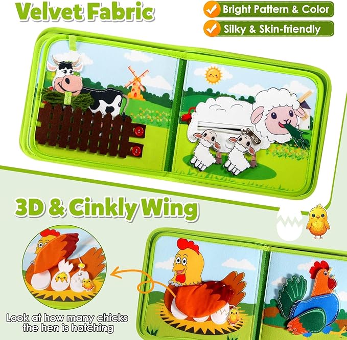 GOLIYEAN Montessori Busy Book for Toddlers 1-3, Busy Board Montessori Toys for 1-2 Year Old Boy Girl Birthday Gift, Educational Learning Sensory Activity Books, Quiet Book Travel Toys for Airplane Car